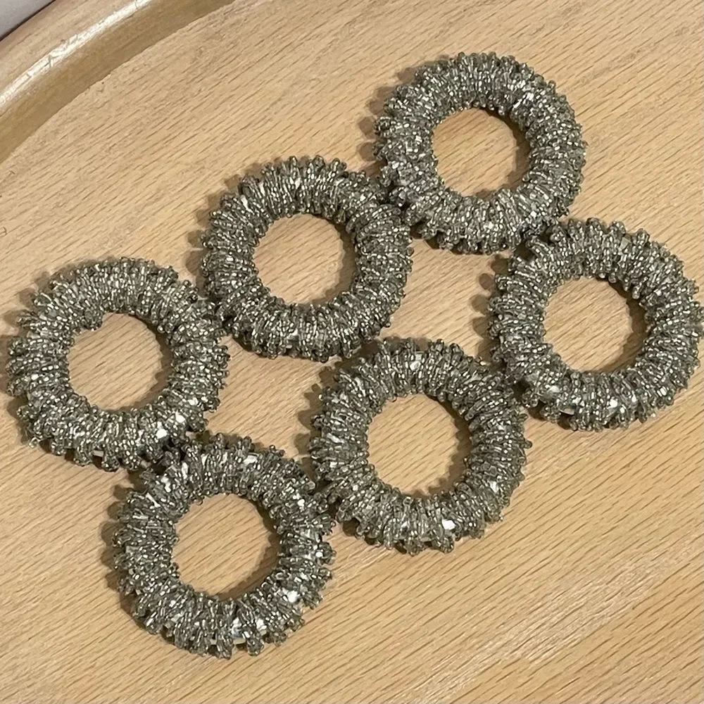 Glass Beaded Sparkly Silver Napkin Rings Holiday Special Occasion Party Set of 6